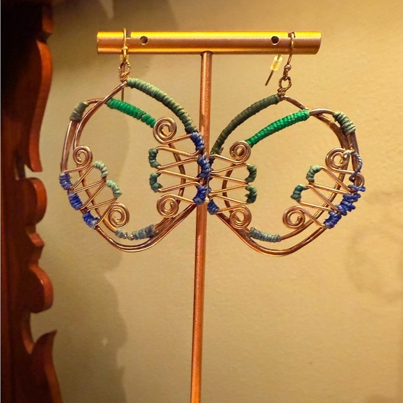 Vintage Gold Green/Blue Wire Wrapped Handmade 2” Dangle Earrings - Picture 2 of 5